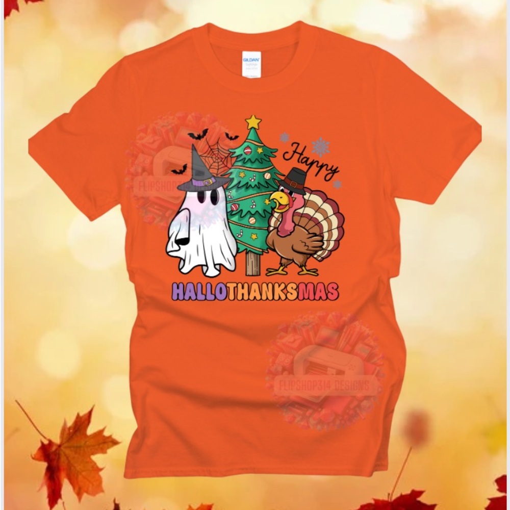 HalloThanksMas T-Shirt Holiday Turkey Ghost Christmas Tree Funny Fall Winter Tee